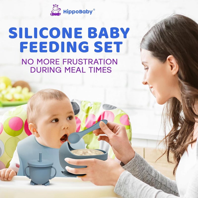 HippoBaby Baby Led Weaning Supplies | 10 Piece Silicone Baby Feeding Set | Baby Toddler Bib Cup Divided Plate and Bowl Self Feeding Spoons Dish Set | Baby Utensils | Toddler Feeding Supplies (Sky) - Image 2